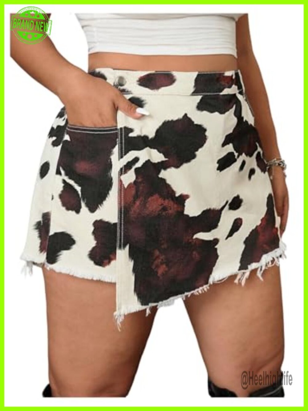 Plus Size Cow Print Denim Skorts High Waisted Wrap Asymmetrical Hem
